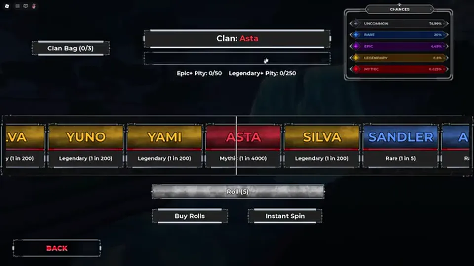 CloverFall clan roll showing Asta (Mythic) — recaps also said Aster; trust the live HUD