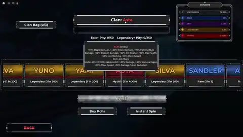 CloverFall clan roll UI — Asta highlighted with Yuno, Yami, Silva in the bag