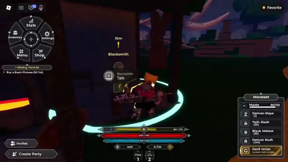 CloverFall Mining Tutorial — buy a Basic Pickaxe for 50 Yol at the Blacksmith