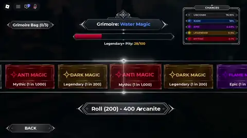 CloverFall Grimoire roll UI at the tower — recap anti-magic result