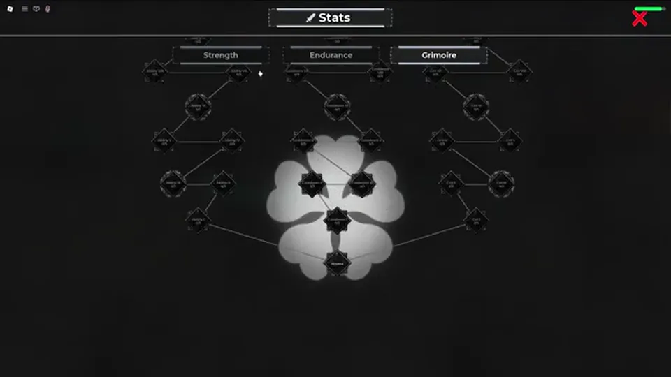 CloverFall Stats skill tree — Strength, Endurance, and Grimoire clusters