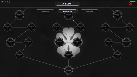 CloverFall Stats skill tree — Strength, Endurance, Grimoire; judge the kit you have
